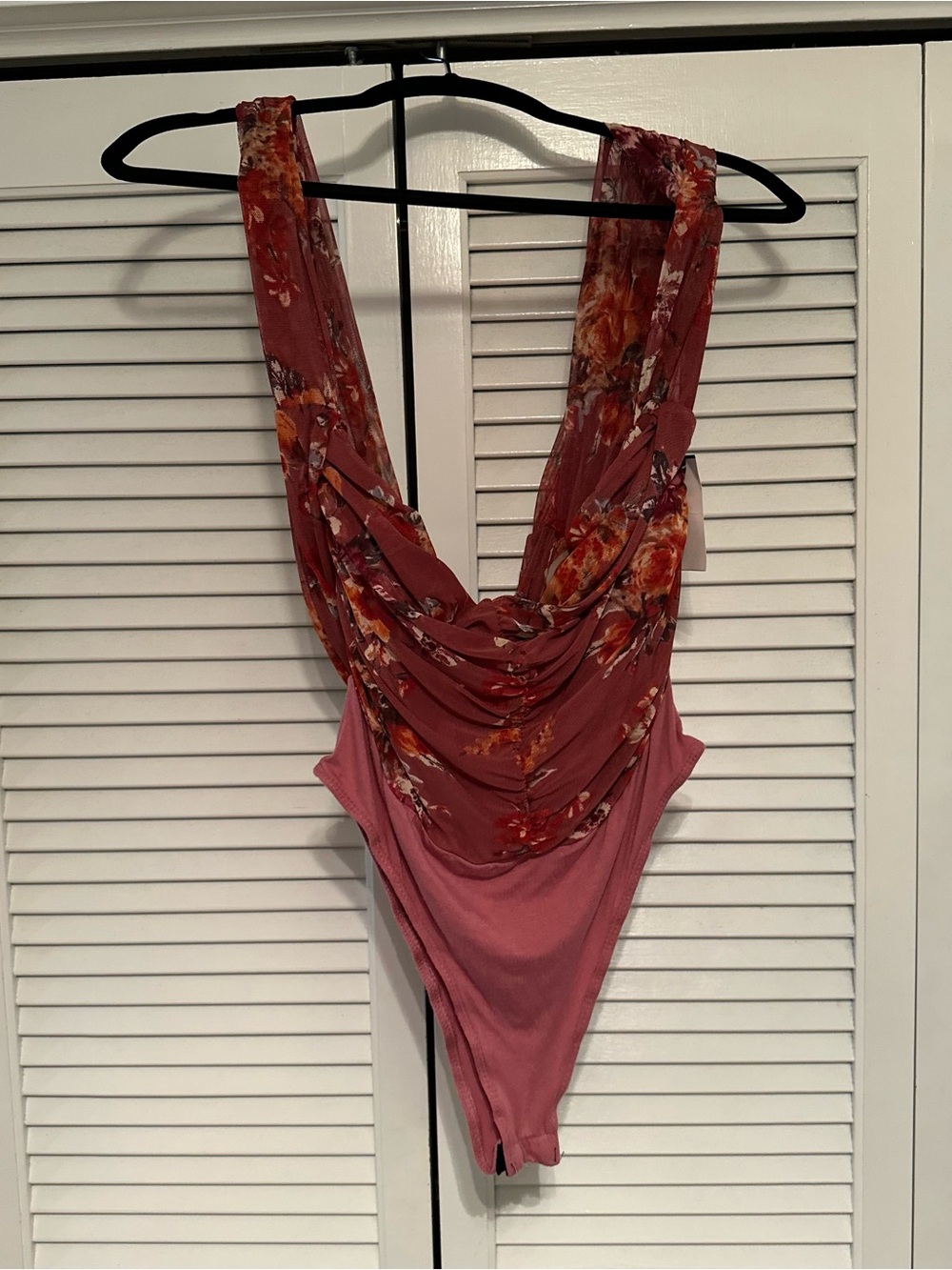 Mesh Draped Floral Cowl-Neck Bodysuit (Criss Cross Back & Halter Front